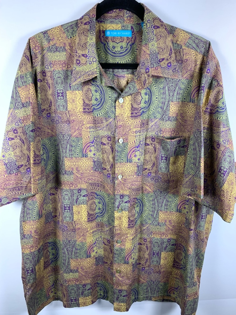 Tori Richard Shirt Mens XL Purple Gold Paisley Hawaiian Camp Cotton